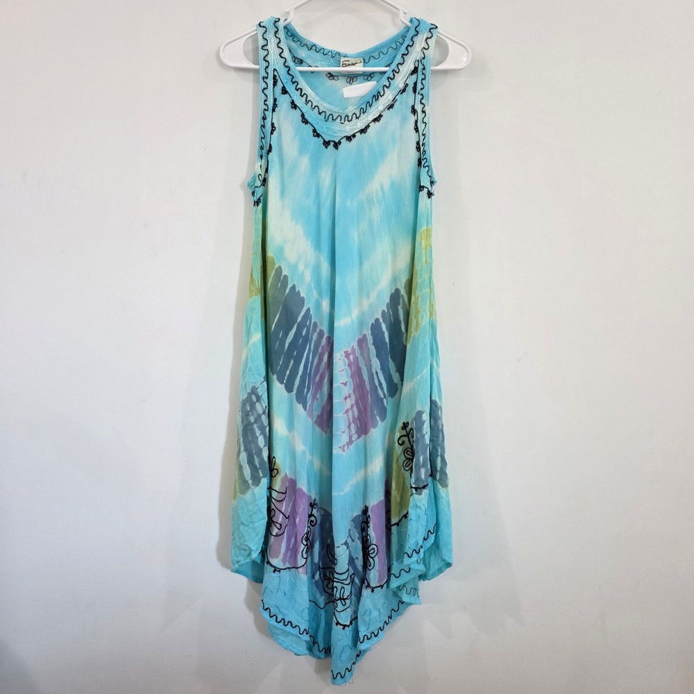 Womens Dress One Size Fairy Hippie Blue Tie Dye Floral Embroidered Sleeveless